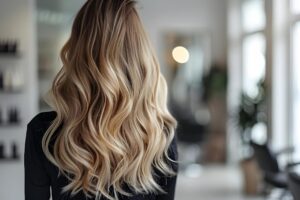 mujer rubia con cabello balayage