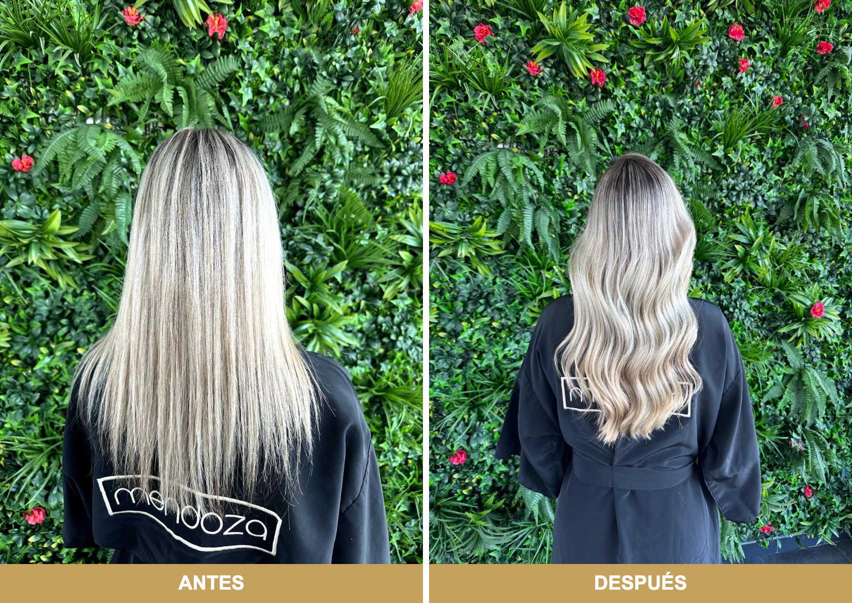 Antes y después de extensiones de cabello rubio Hairdreams en Mendoza Peluqueros Las Palmas